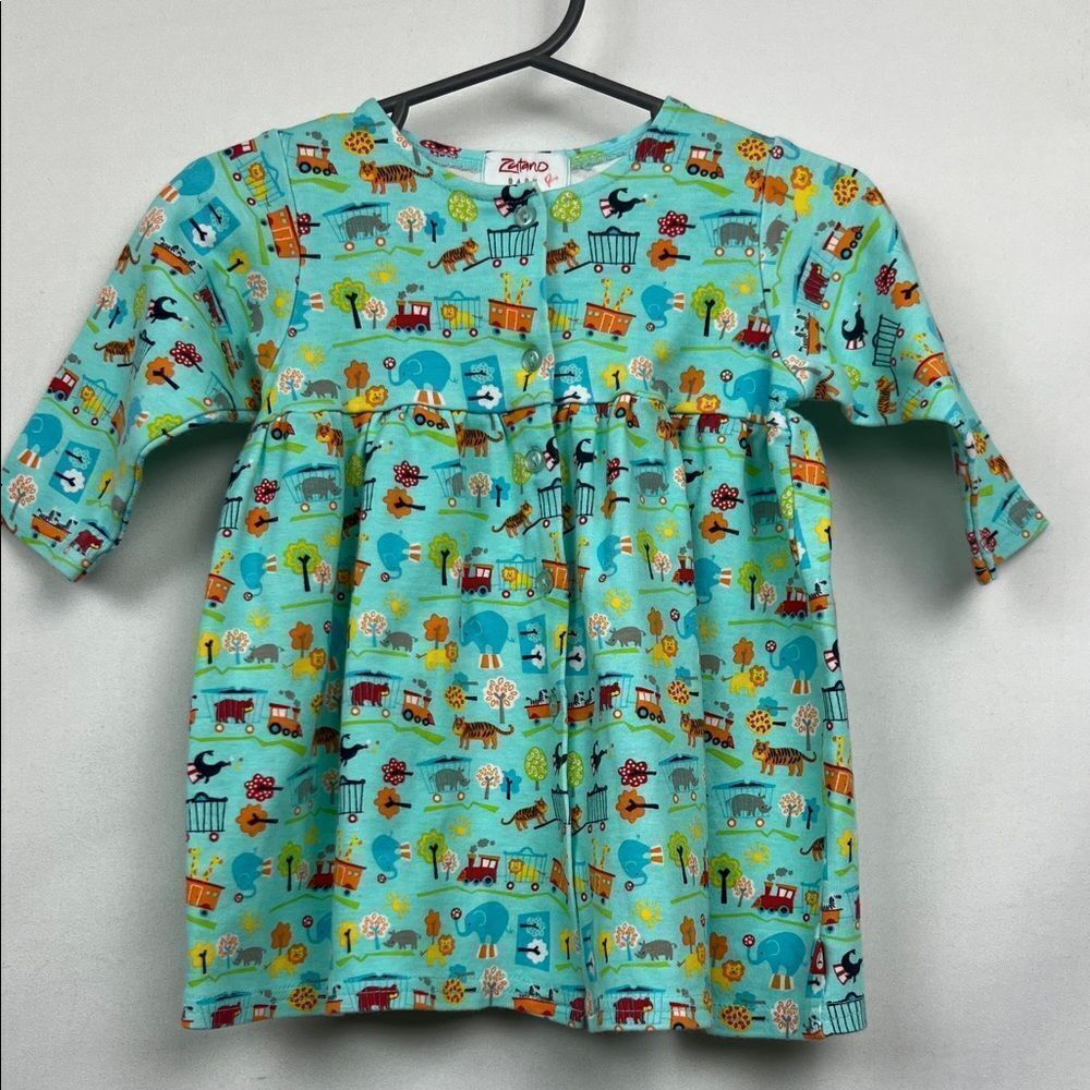 Zutano Baby Mint green Zoo train print long sleeve cotton knit button dress 6-12